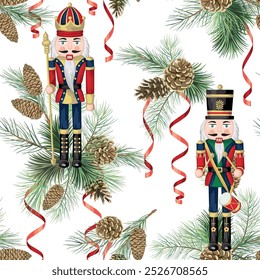 Nutcracker, fir branch, serpentine, cone seamless pattern. Merry Christmas, New Year wallpaper.