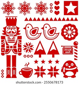 Nutcracker folk art style Christmas Scandinavian pattern with soldiers, birds, flowers and trees. Non AI generated
