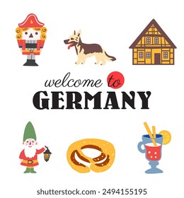 Nutcracker, German shepherd, mansion, garden gnome with lantern, mulled wine, pretzel, German colorful vector set, decorative icon, famous symbol of Germany for design map, poster, travel card