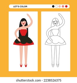 Nutcracker girl ballet dancer. Ballet Coloring page . Kids educational game in flat and outline design. Winter coloring book.