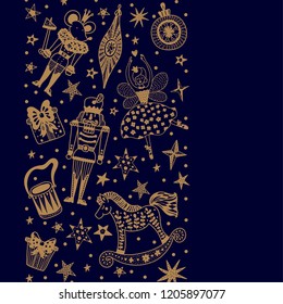 Nutcracker. Gold Christmas vector card. Around motif.