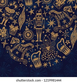 Nutcracker.  Gold Christmas vector card. Around motif. 