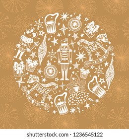 Nutcracker.  Gold Christmas vector card. Around motif.