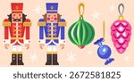 Nutcracker holiday collection. Toy soldier figures in red and blue uniform with decorative Christmas tree bauble ornaments. Festive characters for seasonal celebrations. Cute xmas decoration