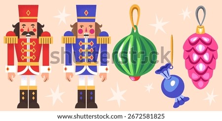 Nutcracker holiday collection. Toy soldier figures in red and blue uniform with decorative Christmas tree bauble ornaments. Festive characters for seasonal celebrations. Cute xmas decoration