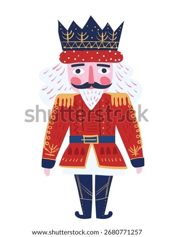 The Nutcracker King soldier in a red uniform and crown. Flat vector illustration of a Christmas fairy tale character isolated on white background.