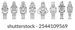 Nutcracker line set. Collection of minimalistic icons for site. Toy or mascot for children. Stickers for social networks and messengers. Flat vector illustrations isolated on white background