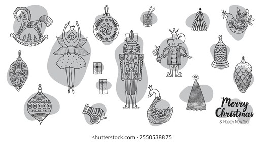  Nutcracker. Line set. Magic vector illustration. Coloring page.Elements. Poster,