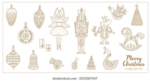  Nutcracker. Line set. Magic vector illustration. Coloring page.Elements. Poster,