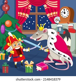 Nutcracker and Mouse King at Christmas night. Cute cartoon characters in room. Picture for children games, posters, puzzles. Activity, vector illustration.