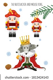 The Nutcracker and the Mouse king from a Christmas story. Bright and funny characters. Can be used for posters, postcards, and calendars. Vector illustration.