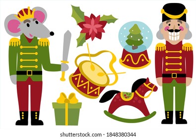 Ropa de nueces, Rey del ratón y parte de juguetes navideños. Bolas en el árbol de Navidad, caballo de madera, regalos, árbol de Navidad y tambor. Establecer ilustración vectorial. 
Impresión de colección de Año Nuevo