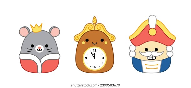 Nutcracker, mouse king, clock, watch, rat. Squishmallow.  Pillow. Kawaii, cartoon. Isolated vector illustration eps 10