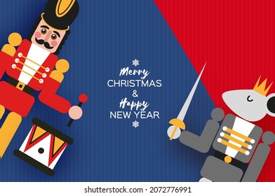 Nutcracker and Mouse King. Merry Christmas party. Happy New Year figurine. December ballet party. Vintage toys paper craft style.