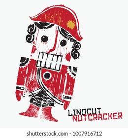 Nutcracker. Officer in cocked hat, red uniform, gold star, black hair, big teeth. Vector illustration on transparent background. Linocut stamp. Interior poster, T-shirt print. Christmas, gift concept