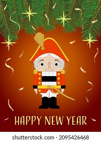 nutcracker on a dark background with fir branches stars and confetti