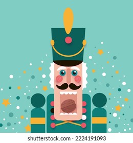 Nutcracker with open mouth and nut. Doll guard in paper cut style. Cute soldier toy. December Ballet party. Creative Merry Xmas invitation. Happy New Year. Winter holidays on green. Vector.