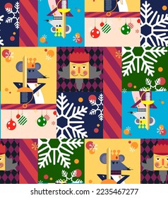 Nutcracker pathwork illustration plaid christmas concept, mouse illustration, merry christmas, red ,green, blue, background, xmas colors, hand drawn seamless pattern, decorative, wrapping paper, decor