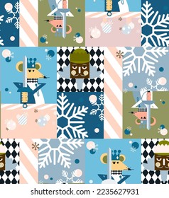 Nutcracker pathwork illustration plaid christmas concept, mouse illustration, merry christmas, red ,green, blue, background, xmas colors, hand drawn seamless pattern, decorative, wrapping paper, decor