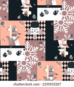 Nutcracker pathwork illustration plaid christmas concept, mouse illustration, merry christmas, red ,green, blue, background, xmas colors, hand drawn seamless pattern, decorative, wrapping paper, decor
