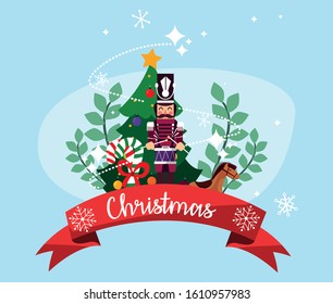 Nutcracker and pine tree design, Merry chritmas winter season decoration card invitation celebration and holiday theme Vector illustration