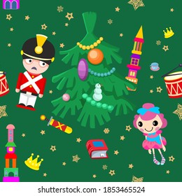 
Nutcracker, princess near the New Year tree, seamless pattern. Vector, full color.