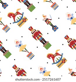 Nutcracker,  princess, rocking horse and  mouse king. Сute seamless pattern. 