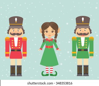 nutcracker red and green and girl elf with braid