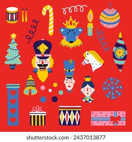 Nutcracker.  Red set. Magic vector illustration.
