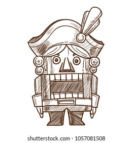 Dibujo de juguetes retro Nutcracker dibujado a mano icono aislado de caricaturas antiguas