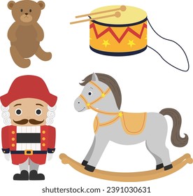 Nutcracker, rocking horse, drum and teddy bear vintage toys.