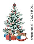 Nutcracker, rocking horse, presents, Christmas tree, candle, decoration print. Merry Christmas, New Year illustration.