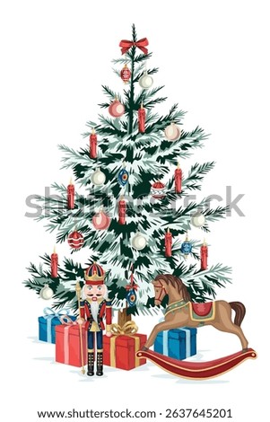 Nutcracker, rocking horse, presents, Christmas tree, candle, decoration print. Merry Christmas, New Year illustration.