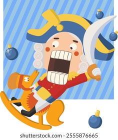 Nutcracker with a sabre in his hand on a wooden horse. Vector illustration.