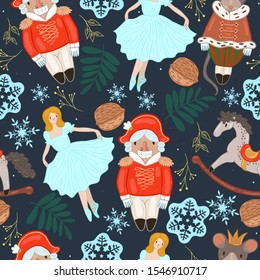 Nutcracker seamless pattern with nuts, ballerinas, rocking horses. Vector graphics.