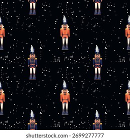 Nutcracker seamless pattern on black background, festive Christmas toy soldiers and snow texture illustration