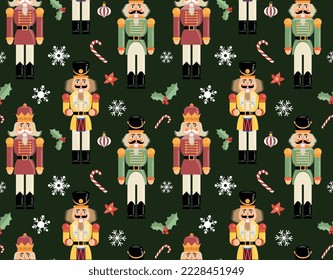 Nutcracker seamless pattern. Repeating design element for printing on present paper. Symbol of New Year and Christmas, winter holidays. Culture and traditions. Cartoon flat vector illustration