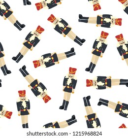 Nutcracker seamless vector Christmas pattern background. Merry Christmas pattern with illustrated nutcrackers on white. Seasonal design for gift wrap, fabric, cards, invitation, kids, banner, poster