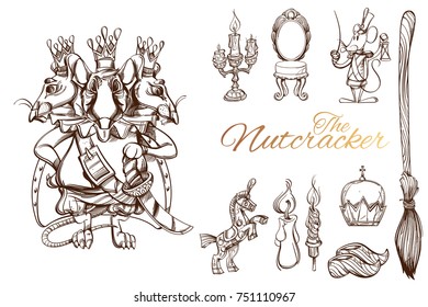 The Nutcracker. Set of characters and objects. Vector illustration isolated on white background.