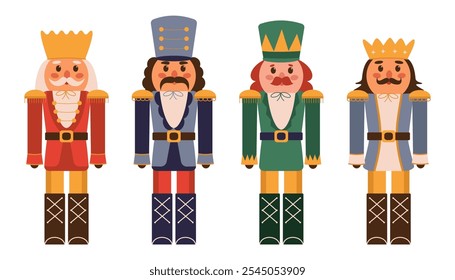 Nutcracker set, Christmas toy. Christmas wooden doll of a handsome soldier. Holiday statue of a soldier. Flat vector illustration on white background