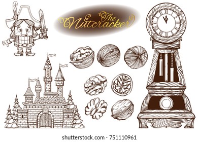 The Nutcracker. Set of vector outline illustrations isolated on white background.