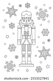Nutcracker and snowflakes coloring  for adult and children. Black and white vector illustration.