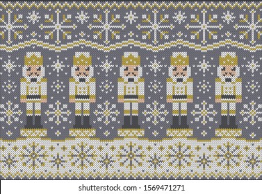 Nutcracker and snowflakes jacquard knitted border. White and gold on grey background. Fairy tale winter ornament. Vector illustration.