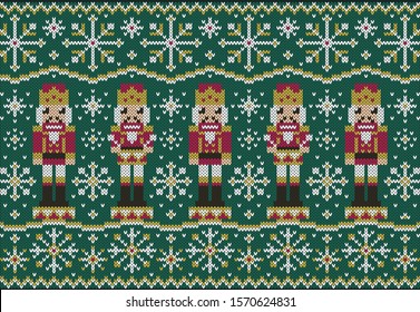 Nutcracker and snowflakes jacquard knitted pattern on green background. Fairy tale winter ornament.  Vector illustration. 