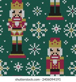 Nutcracker and snowflakes jacquard knitted seamless pattern. Fairy tale winter background, Vector illustration.