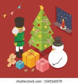 A nutcracker and a snowman gingerbread man open a gift box in front of a Christmas tree. Isometric view. flat design style minimal vector illustration.