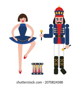 Nutcracker soldier and girl ballerina. Vintage Christmas and New Year toys.