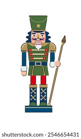 Nutcracker Soldier in Green Uniform with Spear Illustration. Christmas Toy Illustration. Holiday Decoration. 