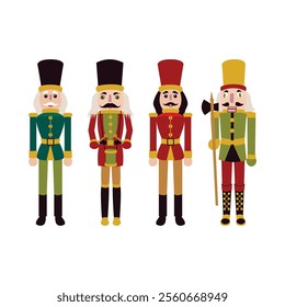 Nutcracker Soldier Object Set. Vector Illustration of Merry Christmas and Happy New Year Holiday Concept. Drummer and Lumberjack. Flat Style. Isolated over White.