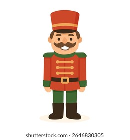 A nutcracker soldier in a red and green uniform with a mustache and tall hat. This nutcracker character is a classic Christmas decoration and beloved festive symbol.